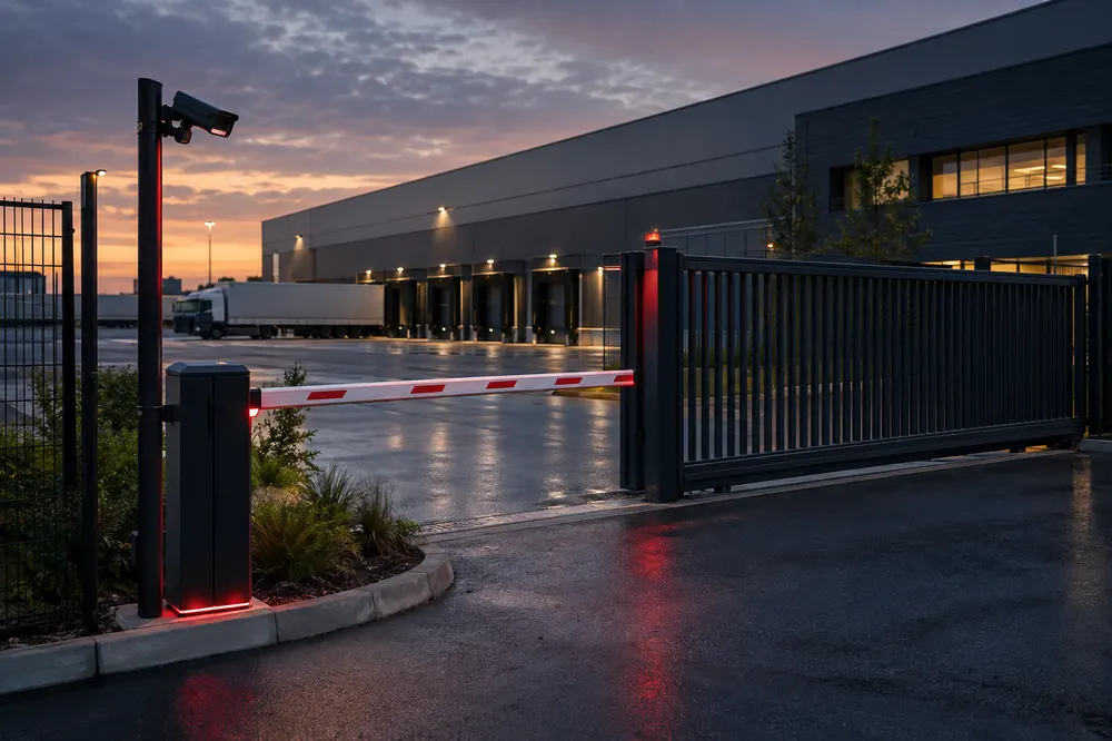 Barrière levante et portail automatique à l'entrée d'un site logistique