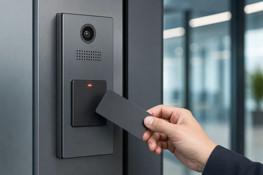 Lecteur de contrôle d'accès et interphone près d'une porte vitrée de bureau