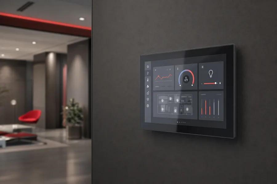 Écran tactile de gestion technique du bâtiment dans un hall d'entreprise