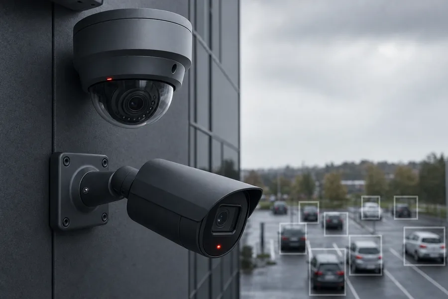 Caméra de vidéoprotection professionnelle anthracite avec détection IA sur un parking